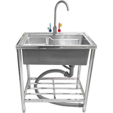 Imagem de Pia De Utilidade De Aço Inoxidável - Pia De Pé Livre De Tigela Única Com Torneira Fria E Quente, Para Casa De Fazenda, Banheiro, Bar, Lavanderia