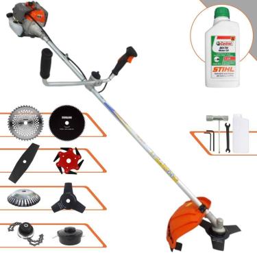 Imagem de Roçadeira Vulcan VR330P 33cc Com Carretel + Facas 2 Pontas, 3 Pontas, 6 Pontas, 40 Dentes de Vídea, 80 Dentes, Trimmer, Escova de Aço + ÓLEO STIHL 2T
