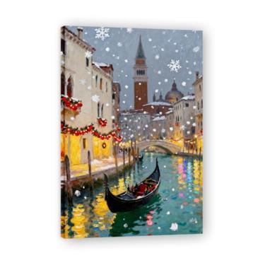 Imagem de Impressão em tela de Natal impressionista de barco pequeno na água, paisagem de neve de inverno, arte de parede festiva emoldurada 20 x 30 cm