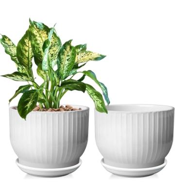 Imagem de YUFDA Vasos de cerâmica, 16,7 cm, conjunto de 2, vasos com orifício de drenagem e pires, vasos de flores para plantas de interior, design moderno (branco puro, pacote com 2)