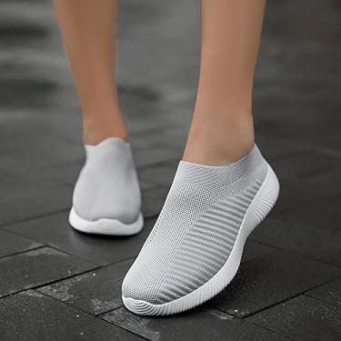 Imagem de Tênis de caminhada feminino, de malha, casual, moderno, sem cadarço, leve, respirável, para caminhada, antiderrapante, Cinza, 8-8.5