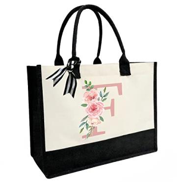 Imagem de Sacola de lona com carta impressa, presentes personalizados para mulheres, mães, amigas, professoras, bolsas de praia premium com zíper, F, Large