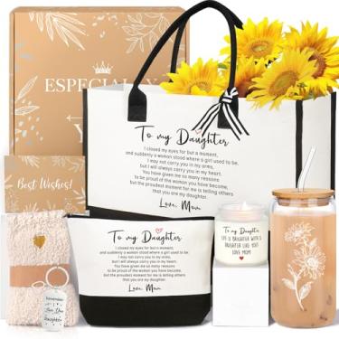 Imagem de iAOVUEBY Presentes de filha de mãe, pai, filha, ideias de presentes de aniversário, bolsa de maquiagem, pacote de cuidados com copo de vidro de 473 ml, cestas de presente de agradecimento para filhas