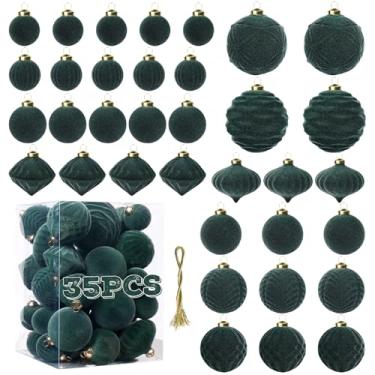 Imagem de Enfeites de bola de veludo, bolas de Natal, verde-escuro, 35 peças, enfeites de bola de árvore de Natal, sortidos para decoração de guirlanda de festa, decoração de chá de bebê, primeiro Natal