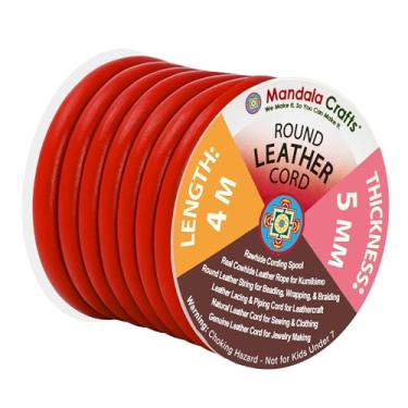 Imagem de Mandala Crafts Corda de couro legítimo de vaca redonda, corda natural de couro cru para fazer joias, trançado Kumihimo, cadarços, Vermelho, 5mm, 1