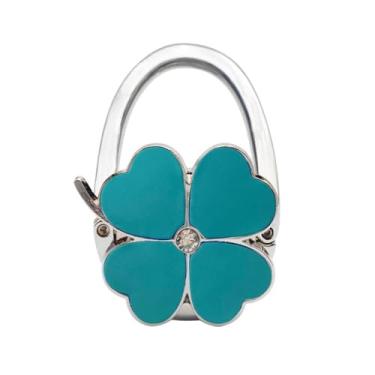 Imagem de Cabide de bolsa dobrável Clover Design – Gancho de bolsa portátil para mesa, cadeira ou balcão – Suporte de bolsa compacto e resistente para mulheres – Azul