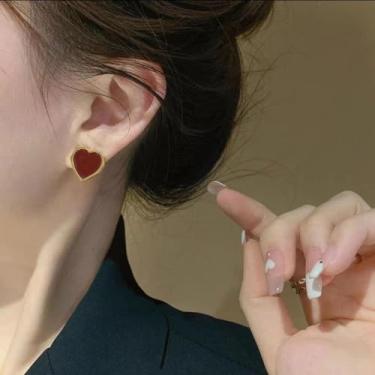 Imagem de Um par de brincos de esmalte de gotejamento vermelho, brincos de design de nicho de coração, coração tinto vinho, esmalte de gotejamento