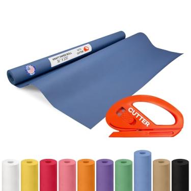 Imagem de Rolo de papel Kraft azul 91,4 cm x 3048 cm (30,5 m) com cortador - Papel de embrulho feito nos EUA para embalagem, mudança, envio e artesanato/artes - Material de artesanato natural 100% reciclável da