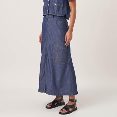 Imagem de Saia Midi Jeans Bolsos Fenda Frontal-Feminino