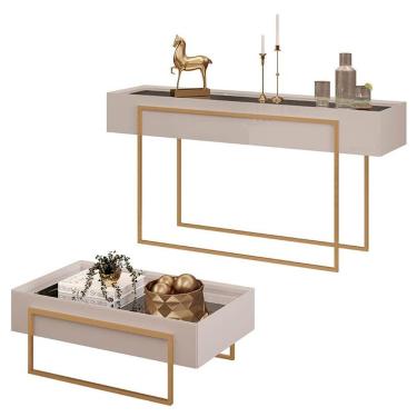 Imagem de Aparador e Mesa de Centro Pilar Bali Retangular Vidro com Estrutura em MDF 137cm Dourado