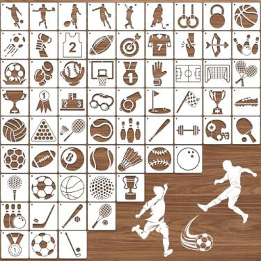 Imagem de 64 peças de estênceis esportivos pequenos para pintura, 7,6 cm reutilizável futebol basquete bola de beisebol estêncil queima de madeira, modelo de plástico para tecido, lona, artesanato, placa de