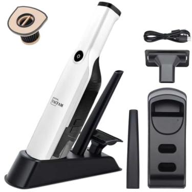 Imagem de Aspirador de pó portátil sem fio, sucção de alta potência 15KPA, carregamento rápido USB, aspirador de pó com base de armazenamento, leve, recarregável, antipoeira com ferramenta de fenda, escova de