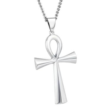 Imagem de Colar de cruz para homens e mulheres, colar de aço inoxidável, colar antigo com pingente de cruz Ankh joia cristã, One Size, Aço inoxidável, Sem Pedra Preciosa