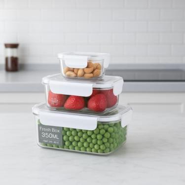 Imagem de Kit 3 Potes Hermético Retangular Plástico Transparente 350ml/150ml/50ml Tampa c/Trava de Segurança, Organizador de Alimentos, Porta Mantimentos Empilháveis, Reutilizáveis e Atóxico Livre BPA