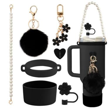 Imagem de Conjunto de acessórios para copos Stanley pretos de 7 peças – alça de alça de garrafa de água, tampa de cobertura de palha de flor de silicone, bota Stanley de silicone, pingentes de chaveiro,