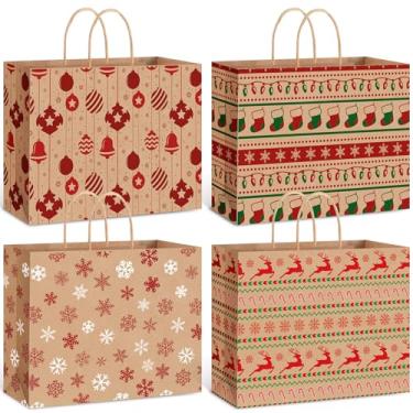 Imagem de Gueevin 24 sacos de presente de Natal Kraft com alça 30 x 25 x 11 cm grandes sacos de presente de Natal com estampa de meias de alce de floco de neve para presente de festa de Natal