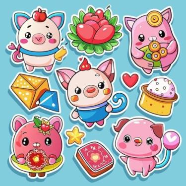 Imagem de Adesivo Kawai Fofo para Crianças Quarto e Cadernos - Porquinhos Rosa com Objetos Divertidos 30x30cm