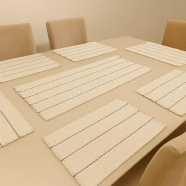 Imagem de Conjunto de 5 jogos americanos + caminho de mesa de Natal Jogos americanos de Natal Mesa de jantar Para uso doméstico(Cru com listrado preto)