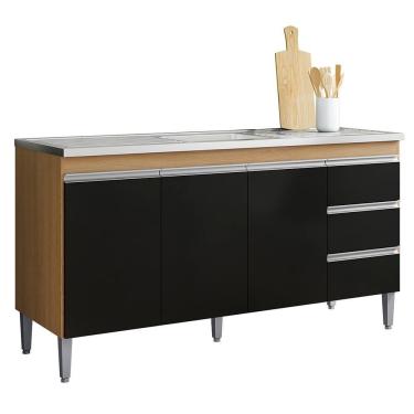 Imagem de Balcão De Cozinha Com Pia Inox 150cm 3 Gavetas Andréia Amêndoa-preto - Ajl Móveis