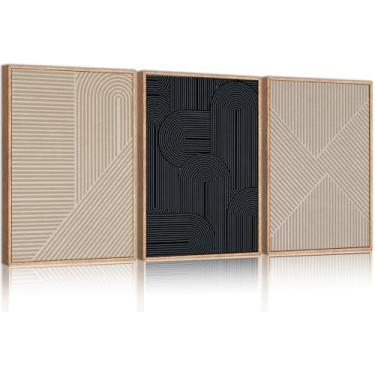 Imagem de LHIUEM Conjunto de arte de parede em tela emoldurada de linha boho abstrata grande, decoração de parede texturizada marrom, pintura de arte moderna neutra minimalista para sala de estar, quarto, sala