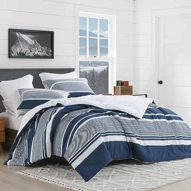 Imagem de Finlonte Conjunto de edredom queen size, edredom listrado azul marinho branco, 100% algodão, luxuoso, fofo, aconchegante, moderno, minimalista, Queen para todas as estações, 228 cm × 228 cm, 3 peças