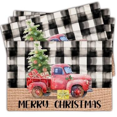 Imagem de Jogo americano de Natal, conjunto de 4 tapetes de mesa de caminhão xadrez buffalo, 30,5 x 45,7 cm, serve para decoração de jantar de cozinha de festa, para mulheres, amigas (branco e preto) - A05