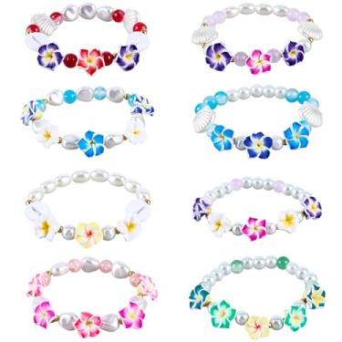 Imagem de SUNNYCLUE 1 caixa 8 peças pulseiras de flores de verão para mulheres, pulseiras Plumeria para mulheres, oceano, havaiano, tropical, barro, mar, floral, boêmio, praia, boêmio, conjuntos de joias