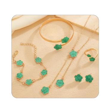 Imagem de ZMJK Conjunto de joias Lucky Clover para mulheres, elegante, colar com pingente de flor, brincos, anel, pulseira, moda, trevo de cinco folhas, joias florais para presentes de amigos, extra, Liga de