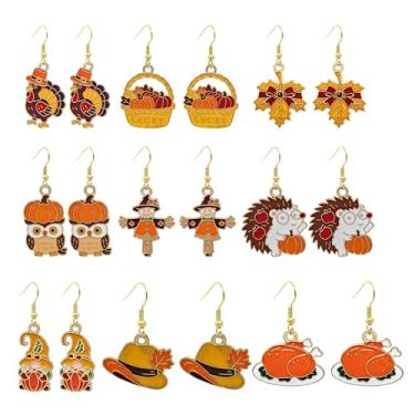 Imagem de 9 pares de brincos de outono de Ação de Graças de Abóbora e Folha de Bordo para Mulheres Bonito Coruja Peru Ouriço Pingente Brinco Leve de Ação de Graças Joias de Festa de Outono Presentes, Zinco, Sem