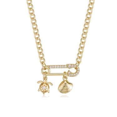 Imagem de TANTIUE Colar com pingente de clipe de papel para mulheres banhado a ouro 14K com clipe de papel de zircônia cúbica sol/cruz/concha/tartaruga/coração/pingente de estrela com corrente cubana joias