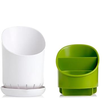 Imagem de Organizador de Talheres com Escorredor, Plástico Durável, 3 Divisórias, 11x18x14cm, Branco e Verde, Design Moderno com Sistema de Drenagem