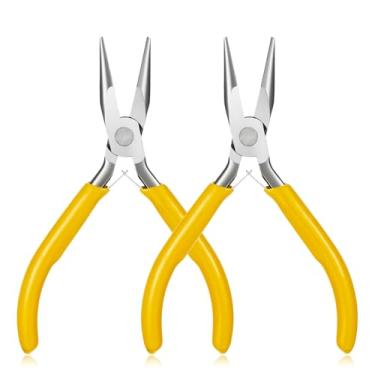 Imagem de Qulkws Conjunto de mini alicate de ponta de agulha, 2 peças de alicate de nariz de agulha para fabricação de joias, alicate de nariz de corrente amarela, alicate de artesanato pequeno com mandíbula