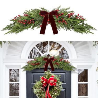 Imagem de Argolas artificiais de cedro de pinheiro norfolk de 60 cm com laço de veludo, decoração de vegetação para porta-retrato de espelho de janela, caixa de correio, decoração de casa interna e externa
