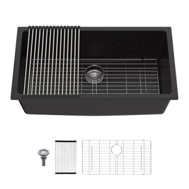Imagem de Mocoloo Pia de cozinha de granito composta de 83 cm - Pia de cozinha preta 83 x 48 cm, tigela única de quartzo preto fosco sob a pia do balcão com grade inferior e rack dobrável