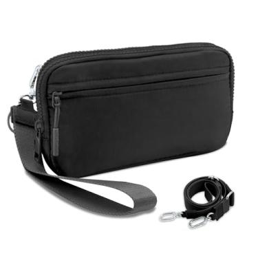 Imagem de JueiXeoy Carteira de pulso feminina quadriculada pequena bolsa transversal bolsa acolchoada de nylon porta-cartão de crédito com 4 zíperes, Preto, One Size