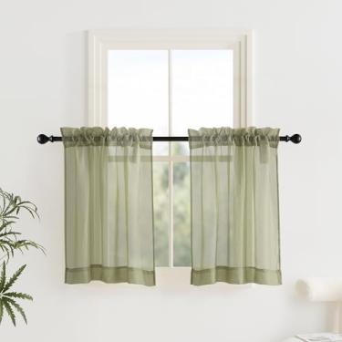 Imagem de Cortina de voile semitransparente, cozinha, sala de estar, esmagamento, voile transparente, sanefa de janela para sala de estar, quarto, 86 cm L x 61 cm C, 1 par, verde-oliva