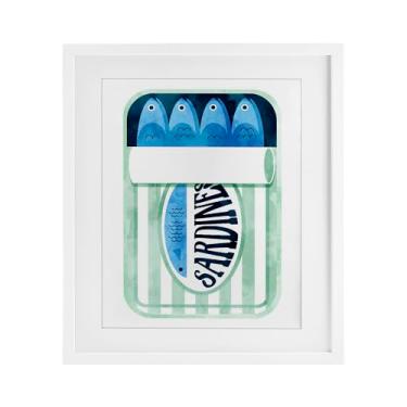 Imagem de Stupell Industries Impressão emoldurada branca em lata de sardinha com listras verdes sob vidro, design de Daphne Polselli, 40 x 33