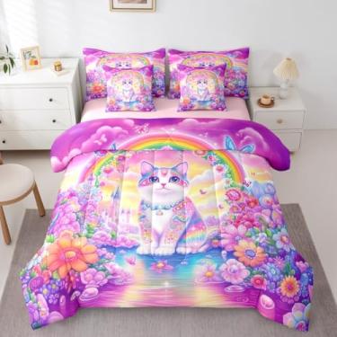 Imagem de Erosebridal Jogo de cama de casal floral de gato para meninas, arco-íris, castelo de princesa, conjunto de 7 peças, cama de gato fofo de desenho animado de flor em um saco com lençóis, conjunto de