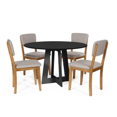Imagem de Mesa De Jantar Redonda Montreal Preta Com 4 Cadeiras Estofadas Ella Cinza Claro