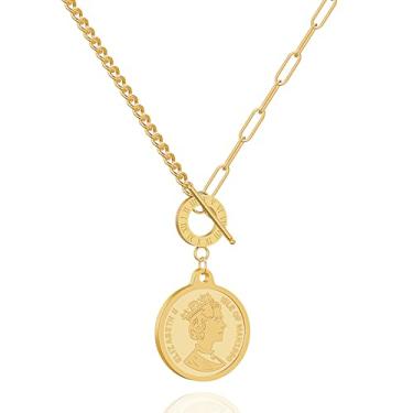 Imagem de Colar feminino de corrente empilhável ouro OT com pingente, banhado a ouro 18 K delicados colares femininos com pingente, Large, Metal banhado a ouro 18k, Sem Pedra Preciosa