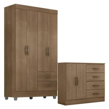 Imagem de Guarda Roupa Solteiro 4 Portas E Cômoda 4 Gavetas E 2 Portas Lite Carvalho Oak – Móveis Leão