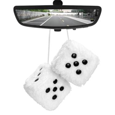 Imagem de MUQIDA Dados felpudos de pelúcia para espelho de carro, par de 7,6 cm de ornamento de espelho quadrado retrô, dados macios com pontos, pingentes vintage para casais, decoração de pendurar no interior