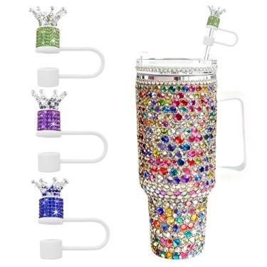 Imagem de JIASHEBDE Conjunto de 3 peças de topo de palha de diamante de coroa para copos Stanley - Capas de palha brilhantes com strass brilhantes para copos de 30 e 1,134 g, 21 cores para presente de princesa