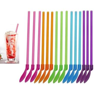 Imagem de 15 colheres de canudo de plástico reutilizáveis multicoloridas (3 verdes, 3 rosas, 3 roxas, 3 azuis, 3 laranjas) | para bebidas congeladas, vitaminas, sorvete | Canudos de colher ecológicos duráveis