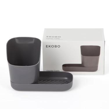 Imagem de EKOBO Organizador de pia de cozinha de bambu, fumaça, suporte de esponja de cozinha de bancada de 2 peças com divisor e bandeja com nervuras para sabão ou escovas, copo removível, reservatório de