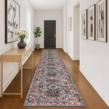 Imagem de KOZYFLY Tapete de área 10 x 40 m lavável Boho Runner tapete para entrada corredor interior impresso tapete de lã sintética para cozinha quarto hall, tijolo vermelho/laranja/verde