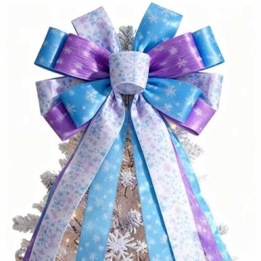 Imagem de Liliful Guirlanda de arco de árvore de Natal, 30 x 113 cm, grande laço de floco de neve de Natal para guirlanda de árvore de Natal, enfeite de Natal azul e branco, para férias, floco de neve