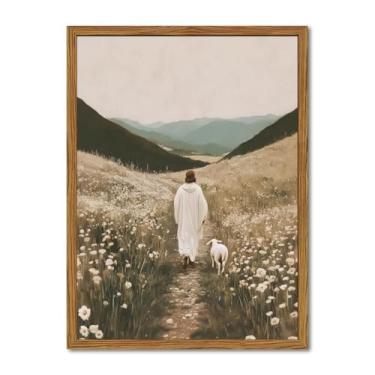 Imagem de Jesus Leaves the 99 Sheep Wall Art Painting Jesus and Sheep Christian Wall Decor, Pôster de sala de oração religiosa impressões em tela para sala de estar quarto 30 x 40 cm moldura de madeira