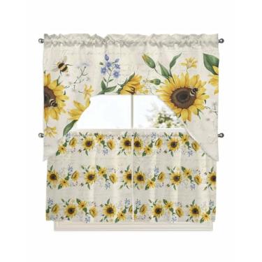 Imagem de Conjunto de 3 peças de cortina e saia de cozinha de girassol, com bolso de haste, botânica, floral, camada curta, 61 cm de comprimento, flor abelha, borboleta, enfeite de janela pequena, tratamento de