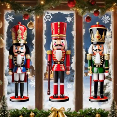 Imagem de Whaline 3 folhas adesivos de janela de Natal extra grande 3D quebra-nozes floco de neve adesivos de vidro vintage para decoração de Natal, casa, sala de aula, escritório, festa